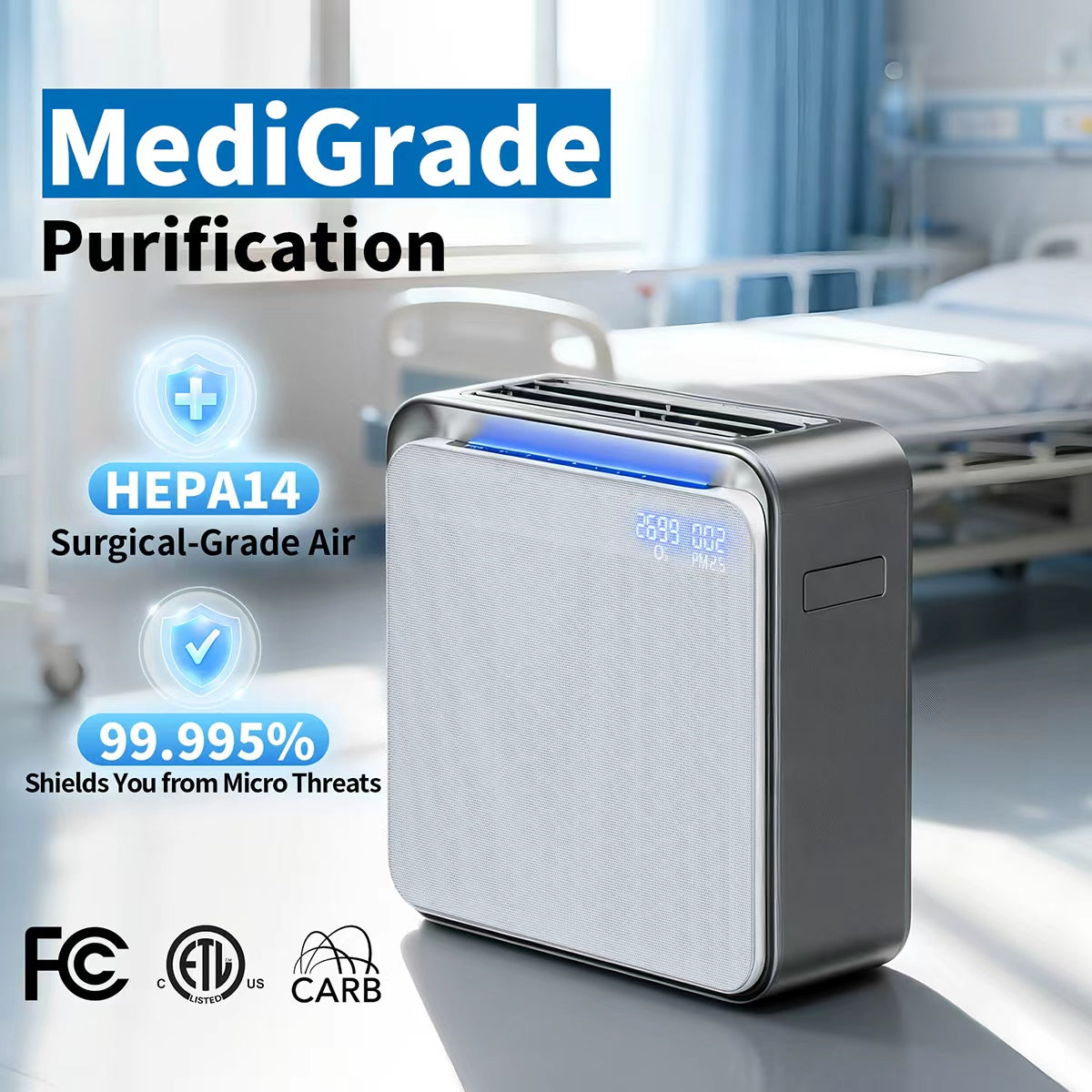 Burtran Nano-Oxy™ HEPA 14 Air Purifier for Home, up to 1,360 ft²/h, with air quality display, balanced 5-stage PM2.5 and TVOC filtration, eliminates 99.995% micro pollutants, Wi-Fi, 120V AC