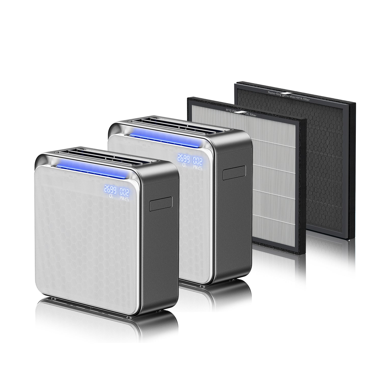 Burtran Nano-Oxy™ HEPA 14 Air Purifier for Home, up to 1,360 ft²/h, with air quality display, balanced 5-stage PM2.5 and TVOC filtration, eliminates 99.995% micro pollutants, Wi-Fi, 120V AC （2 Air Purifier+1 Repalcement Filter Set）