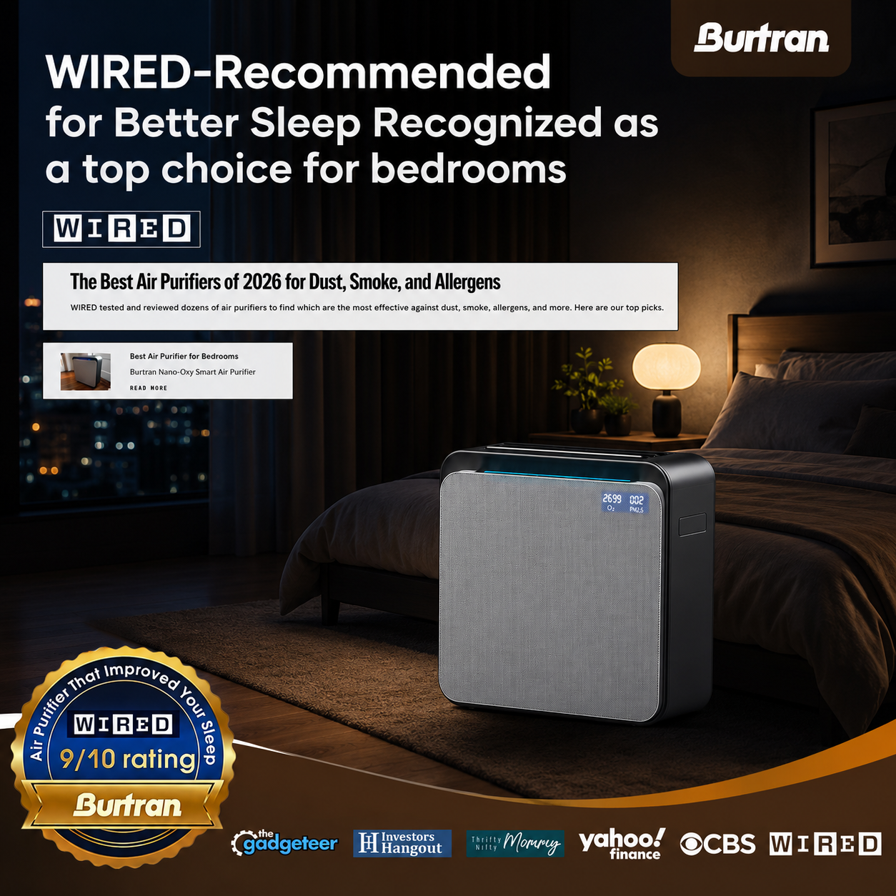 BURTRAN A31 H14 HEPA Air Purifier for Home Large Room Bedroom up to 1360ft²,Ultra-Quiet Sleep Modes, Nano-Oxy Negative Ions,PM2.5 & TVOC Smart Monitor, 5-Stage Filtration,WiFi,Sleep Support